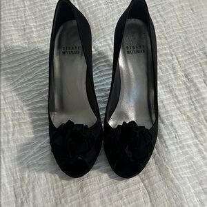Stuart Weitzman Black Satin Peep-Toe Heels with Floral Rosette